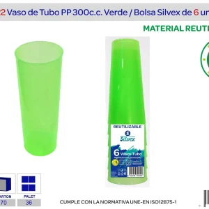 Pack 6 vaso tubo reutilizable pp verde