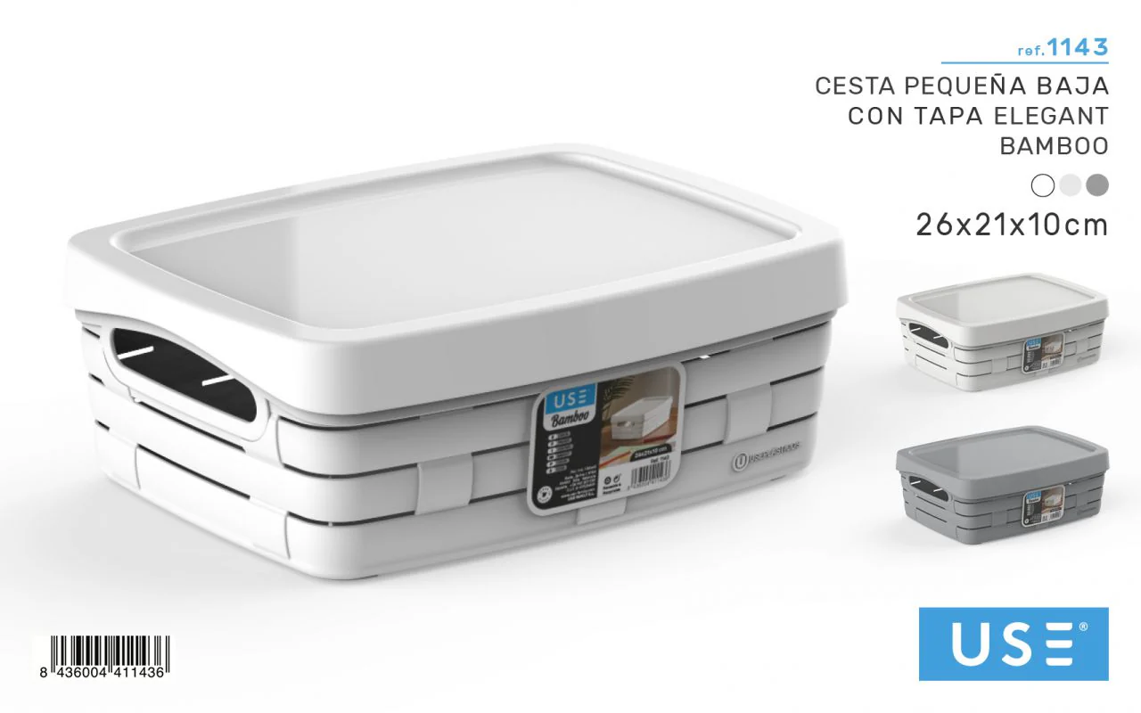 Cesta pequeña baja con tapa BAMBOO blanco roto - Imagen 3