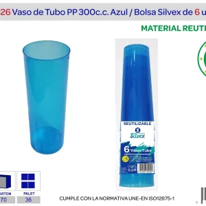 Pack 6 vaso tubo reutilizable pp azul