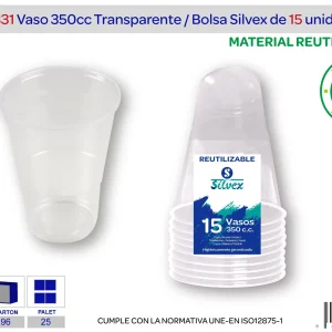 Pack 15 vaso 350 cc reutilizable transparente